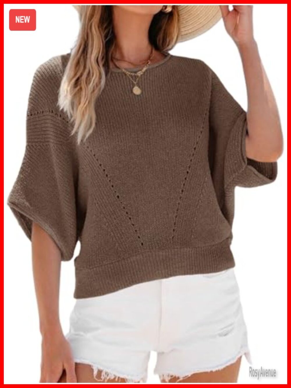 Women's Short Batwing Sleeve Crochet Knit Sweater Top Crew Neck Pullover